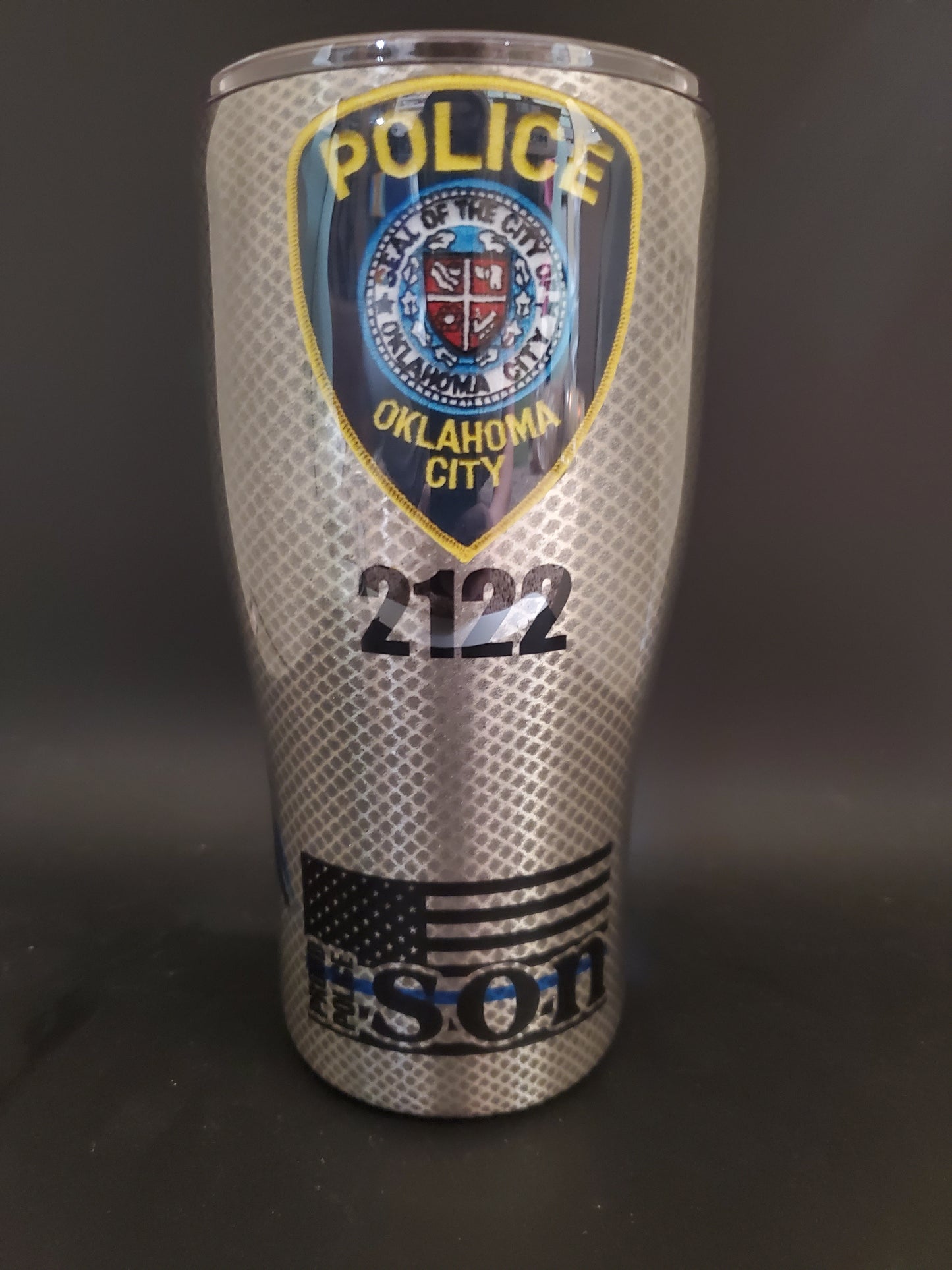 30 oz police patch Tumbler blue line flag